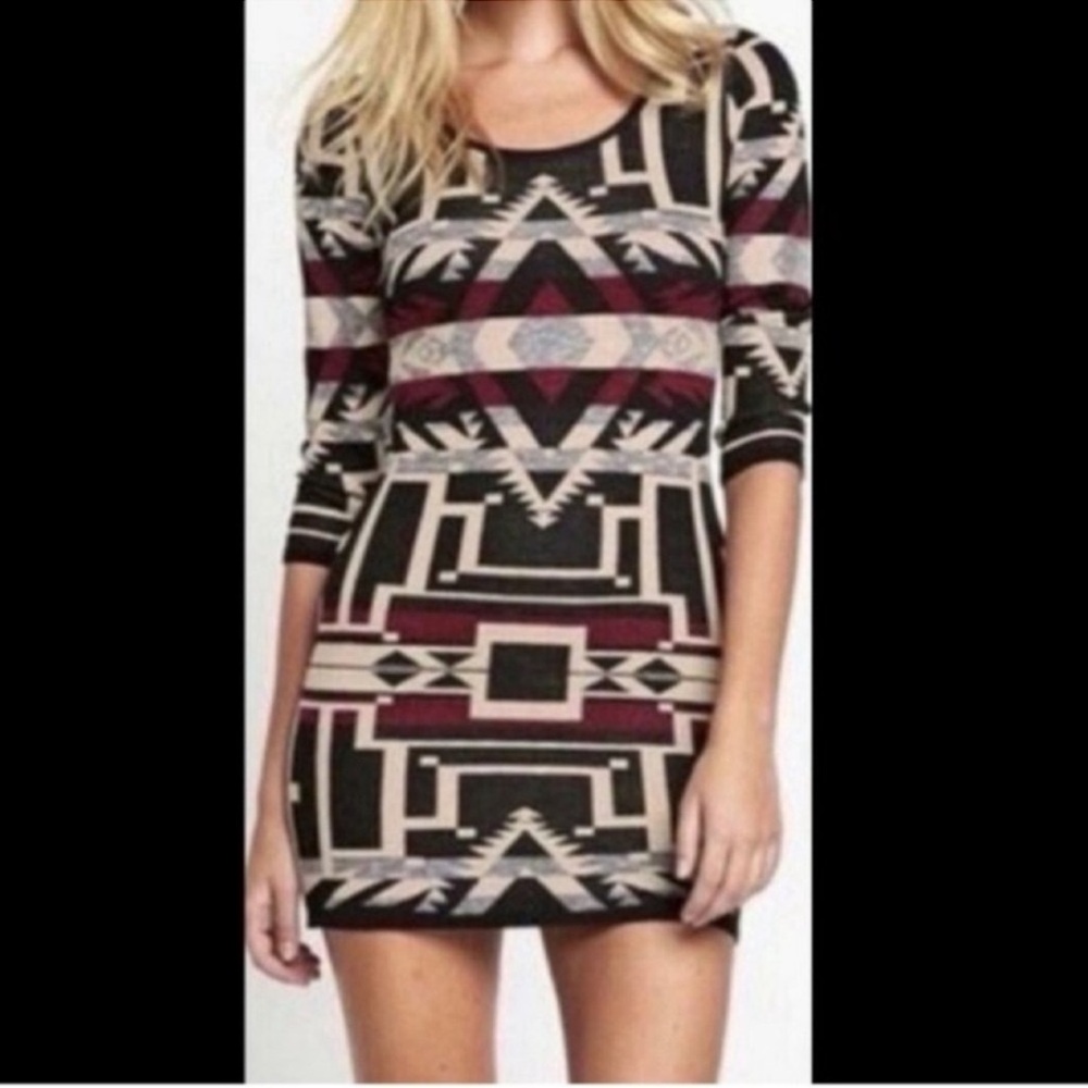 Ralph Lauren Aztec Sweater Dress Tunic Boho Sz L black / red